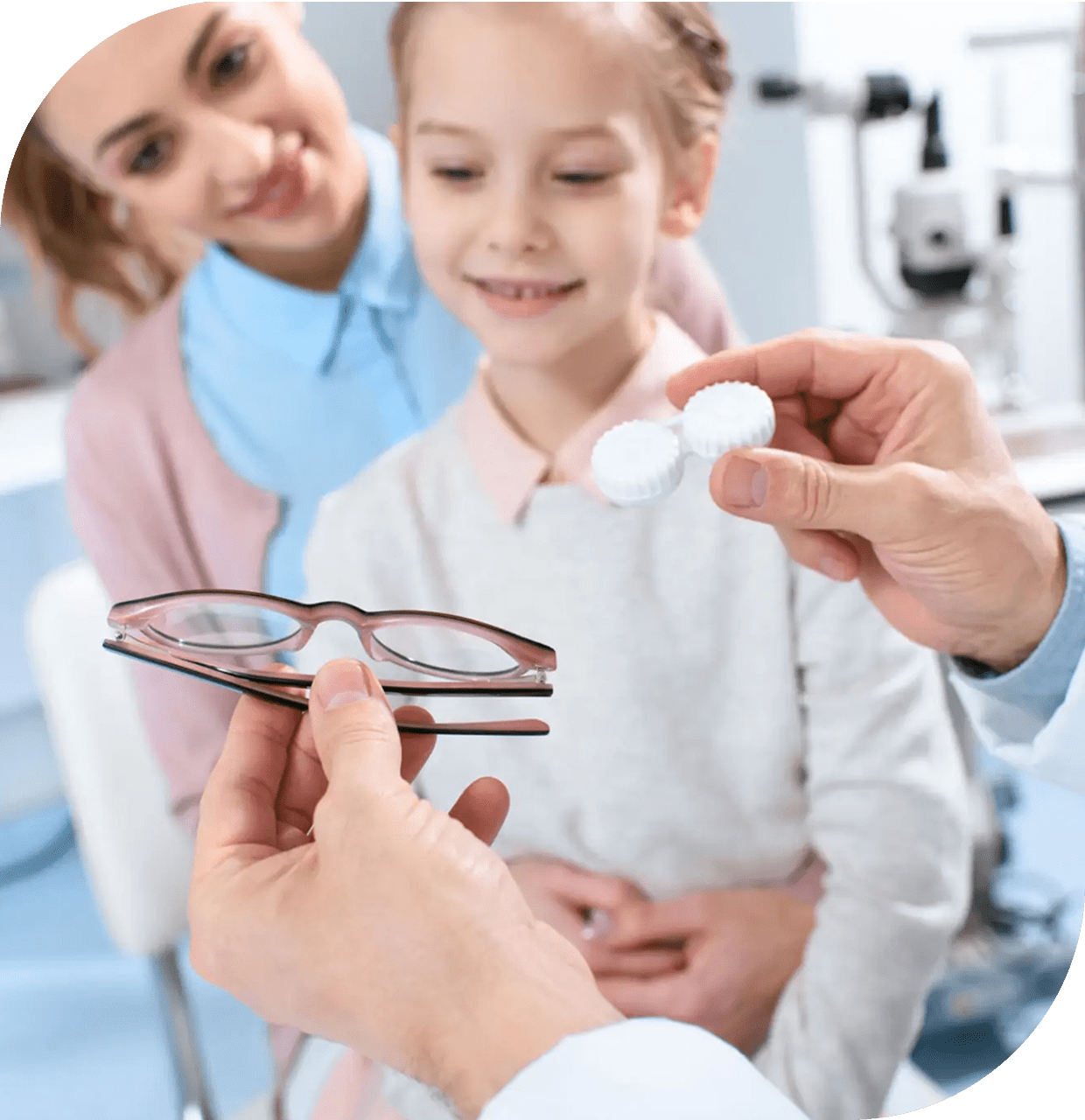 Child choosing between glasses and contacts.